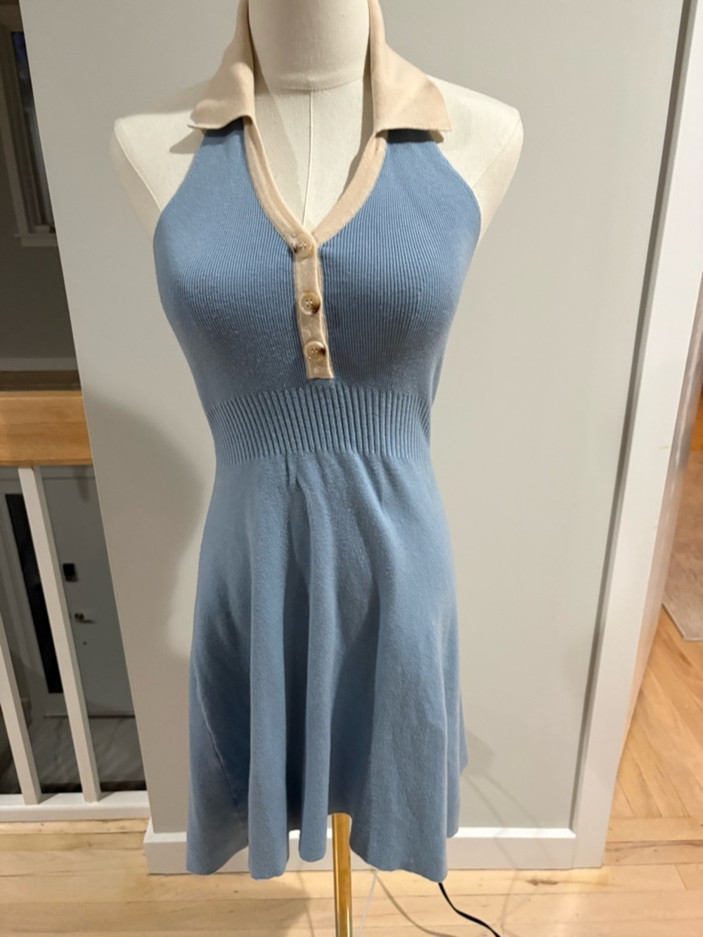 Fashion Nova Blue Knit Halter Mini Dress with Cream Collar